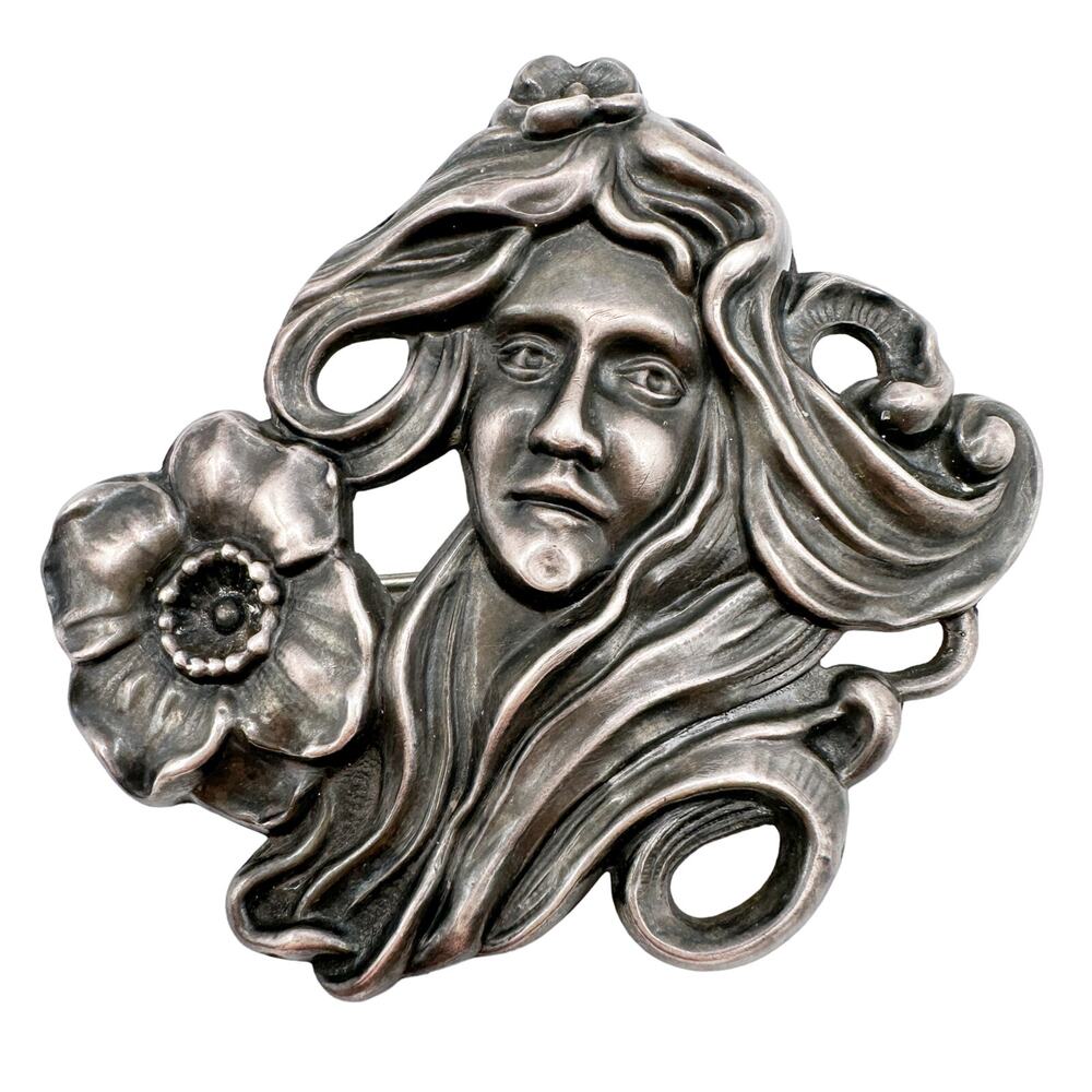 Antique Art Nouveau Sterling Silver Brooch Maiden with Flower, Gibson Girl Style